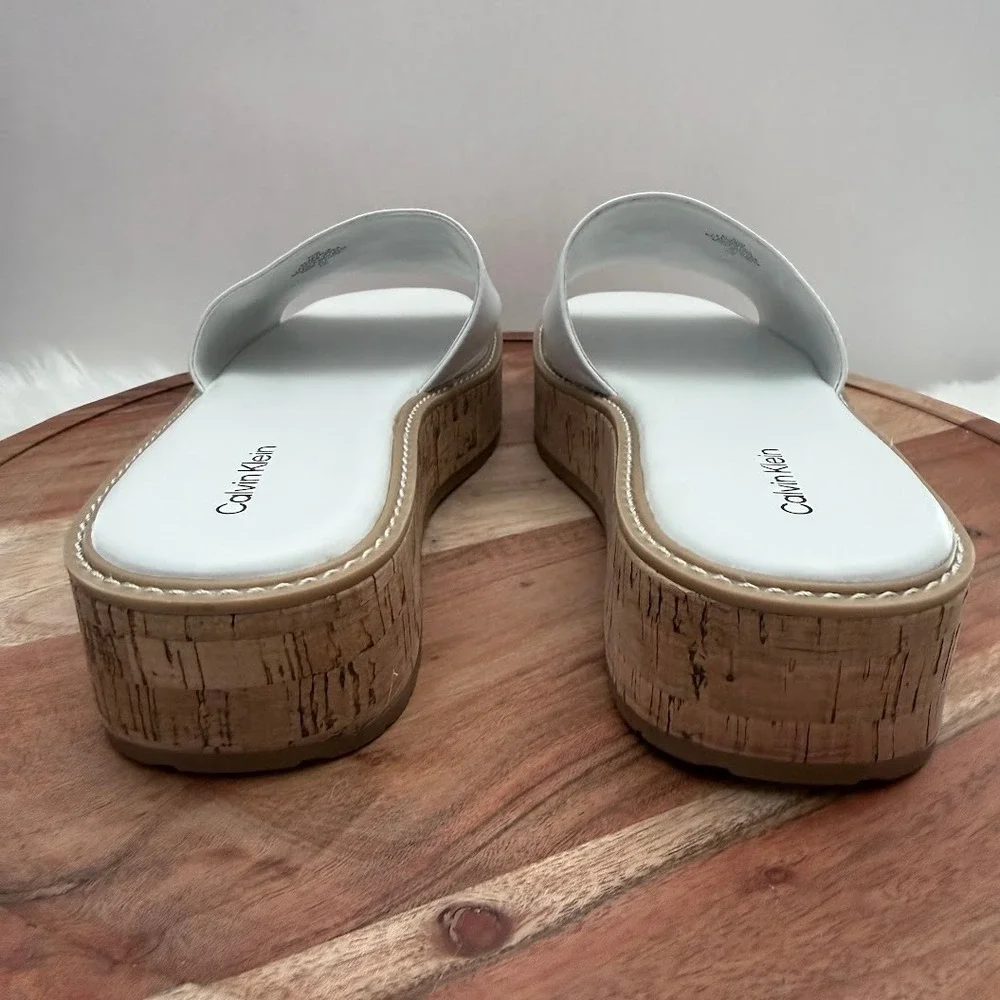 Calvin Klein White Arzelia Leather Cork Platform‎ Slide Sandals Womens 9.5 M
